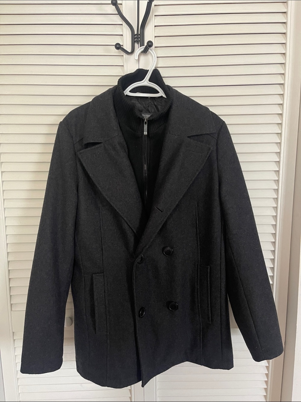 Kenneth Cole Reaction Black Double-Breasted Peacoat with Zip-Front Mock Layer